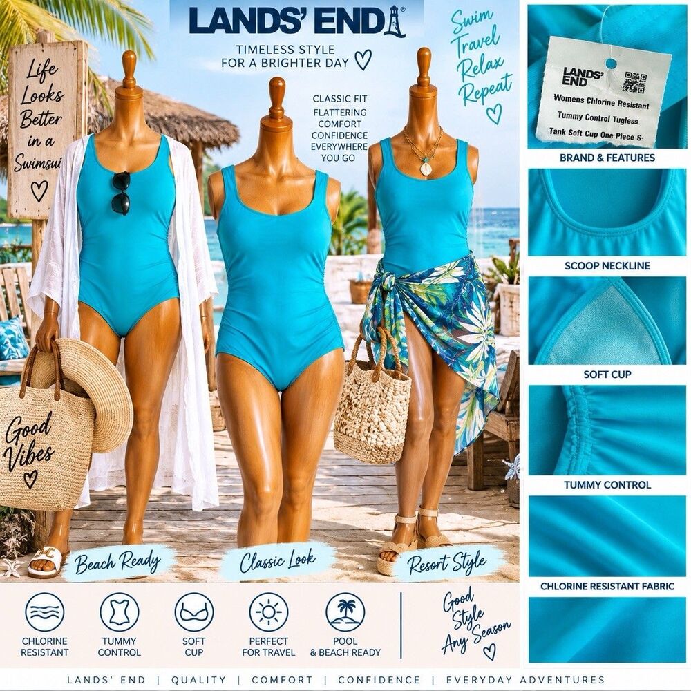 Lands' End Women's One-Piece Swimsuit  Turquoise Tummy Control Chlorine Resist S